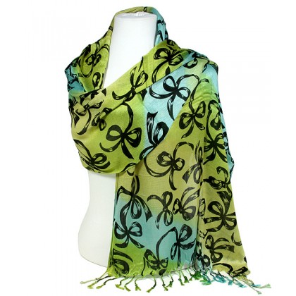 Scarf - 12 PCS Shawl - Ribbon Bows Print - Green / Blue - SF-SHL1607GNBL 