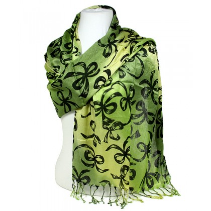 Scarf - 12 PCS Shawl - Ribbon Bows Print - Green / Yellow - SF-SHL1607GNYL