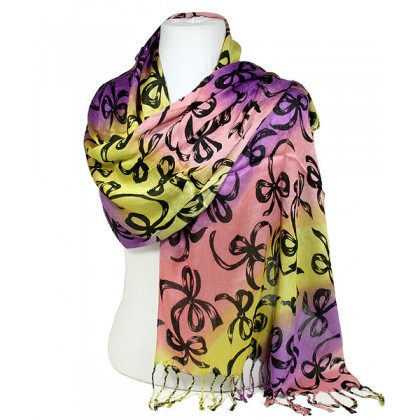 Scarf - 12 PCS Shawl - Ribbon Bows Print - Purple / Yellow - SF-SHL1607PLYL