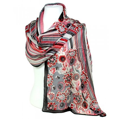 Scarf - 12 PCS Shawl - Stripes & Flowers - Red - SF-SHL1701RD